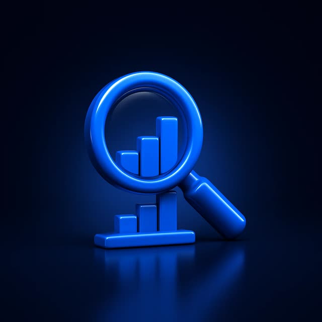 Blue 3D magnifying glass icon examining a rising bar chart graph